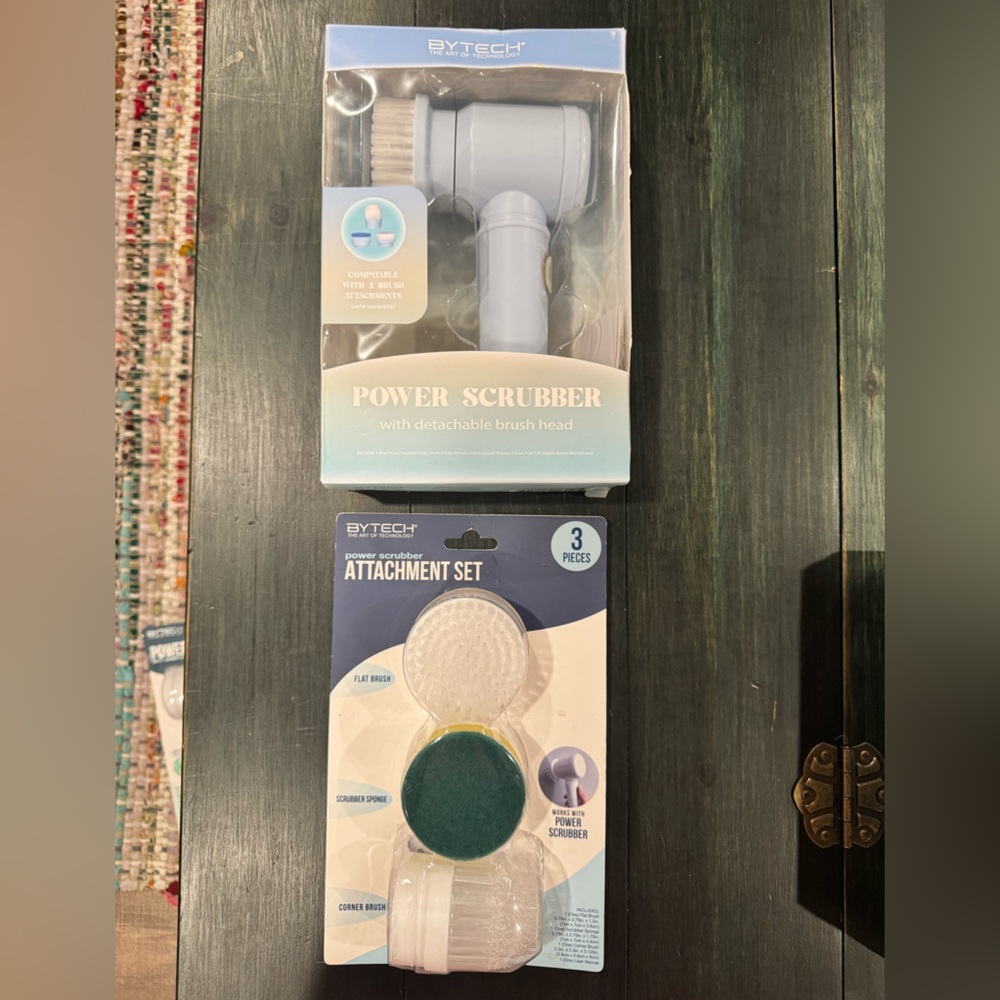 Blue Bytech Power Scrubber with detachable brush head and 3-piece attachment set